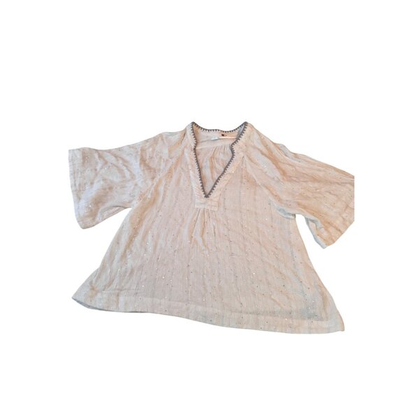 Free People White Textured Glittery Top W/ Crochet Trim Bell Sleeves V-Neckline - Picture 1 of 9
